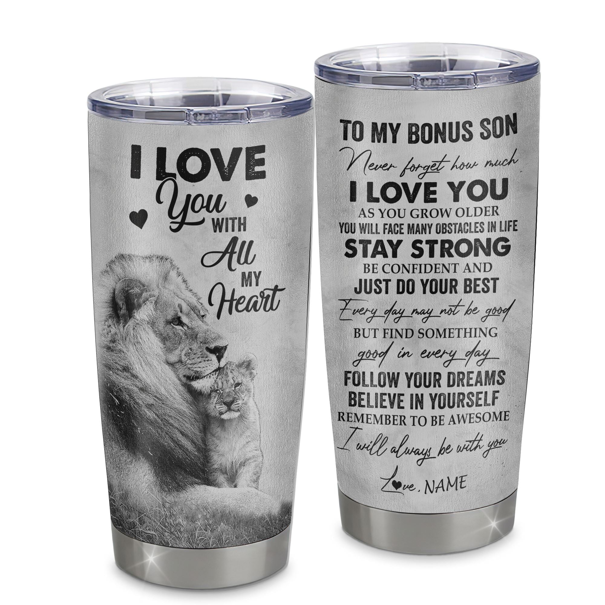 Personalized To My Bonus Son Tumbler From Stepfather Stainless Steel Cup I Love You With All My Heart Stepson Birthday Graduation Christmas Travel Mug