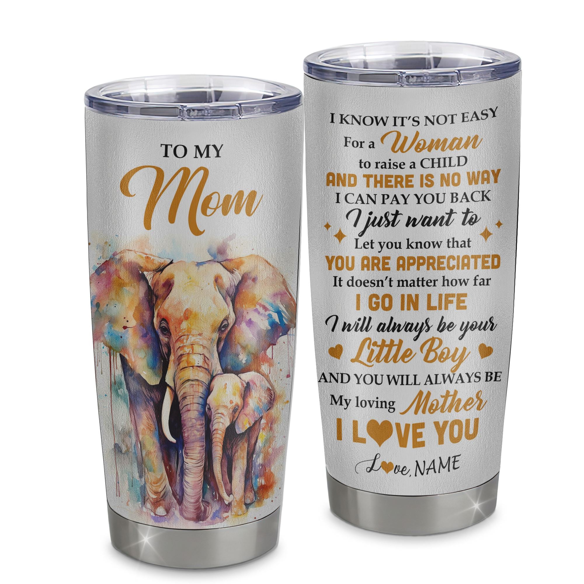 Personalized To My Mom Tumbler From Son Stainless Steel Cup Elephant A Woman To Raise A Child Mom Gift Birthday Mothers Day Thanksgiving Christmas Travel Mug